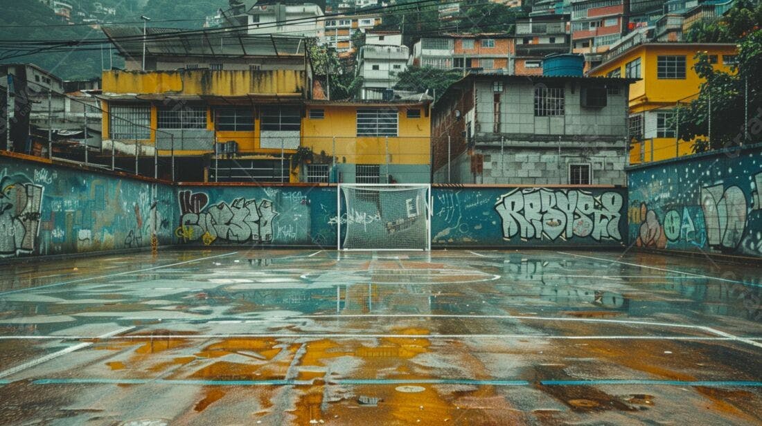 Campo de futebol molhado favela grafite
