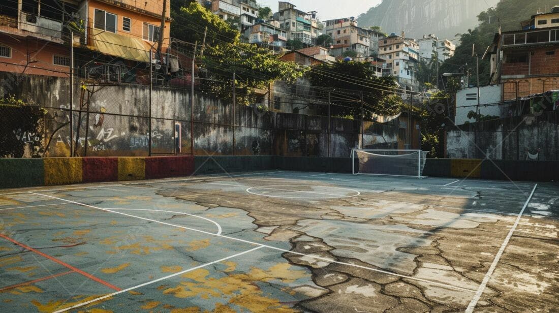 Campo de futebol desgastado em favela brasileira