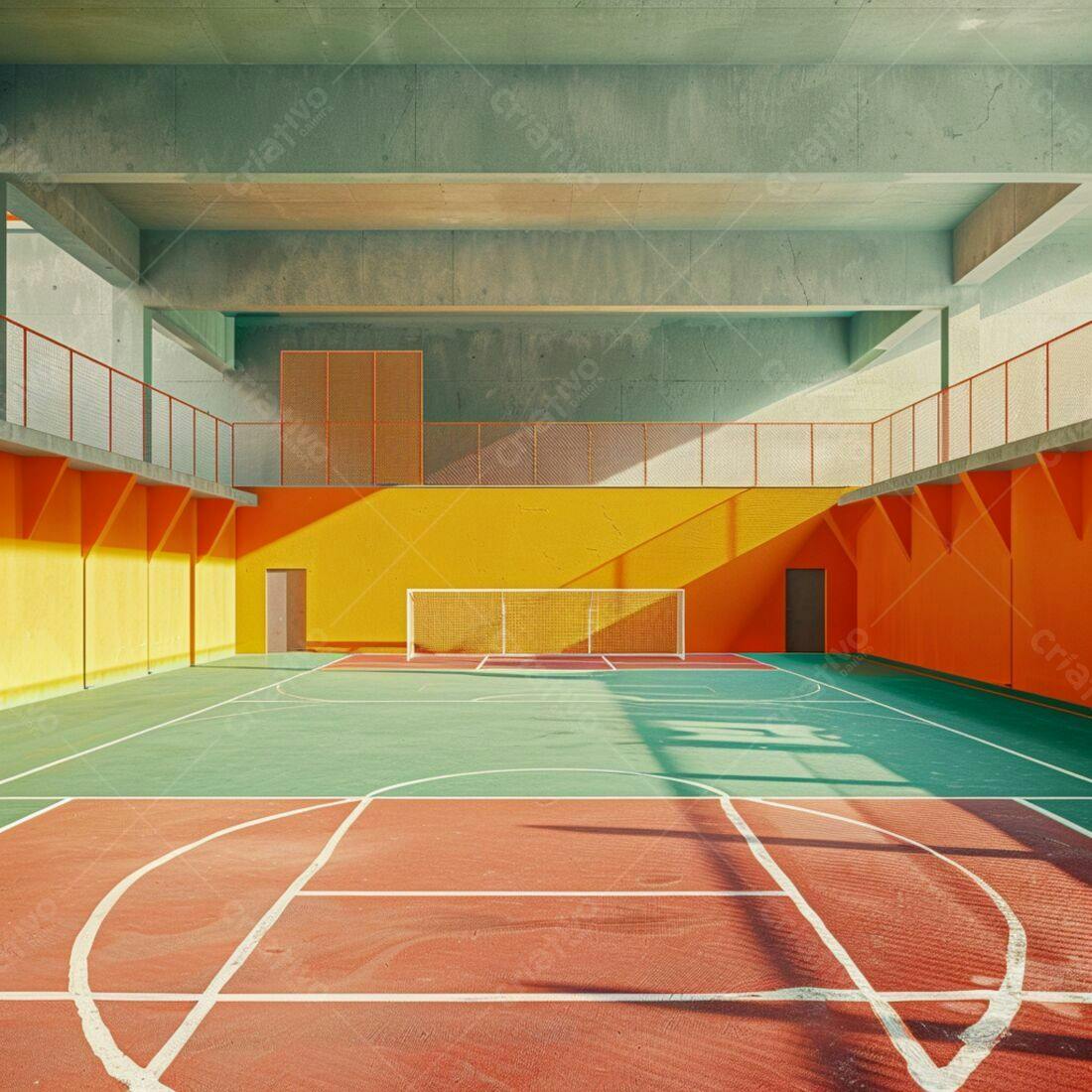 Quadra esportiva colorida com sol da manhã