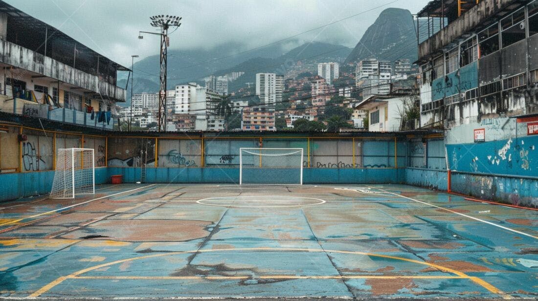 Quadra de futebol em dia chuvoso na favela