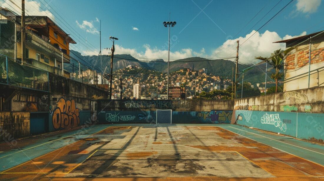 Quadra de esportes em favela com vista para morros