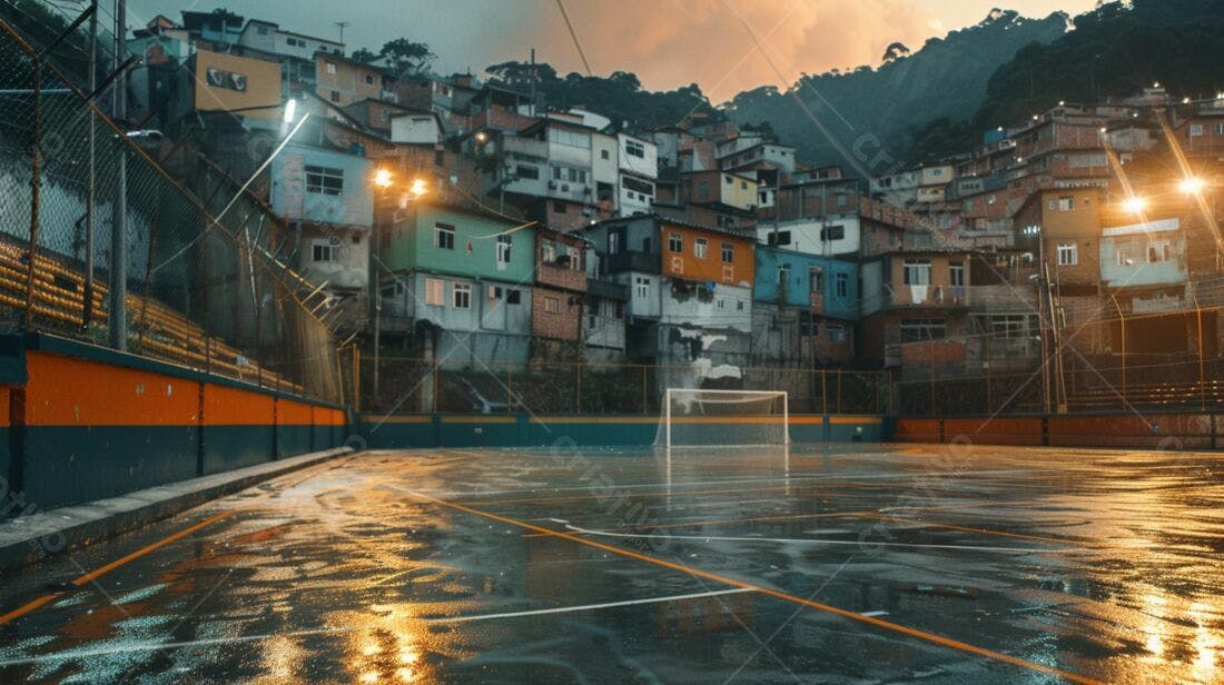 Campo de futebol molhado favela ao entardecer