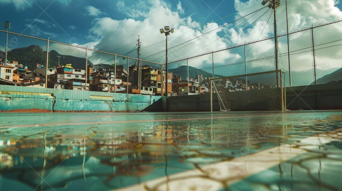 Campo de futebol em favela sob céu azul