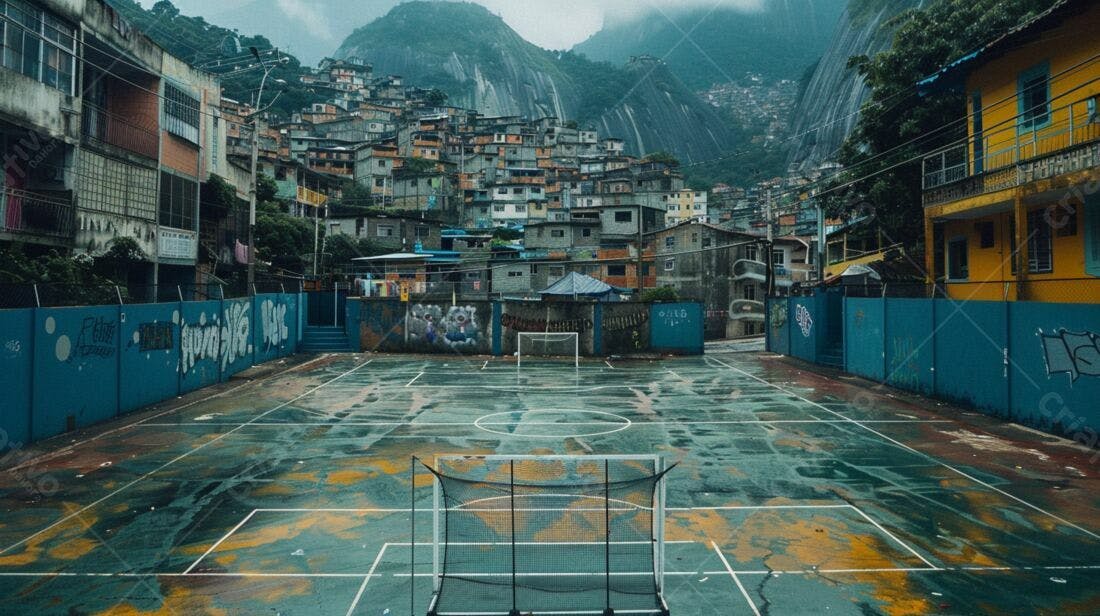 Campo de futebol em favela sob céu nublado