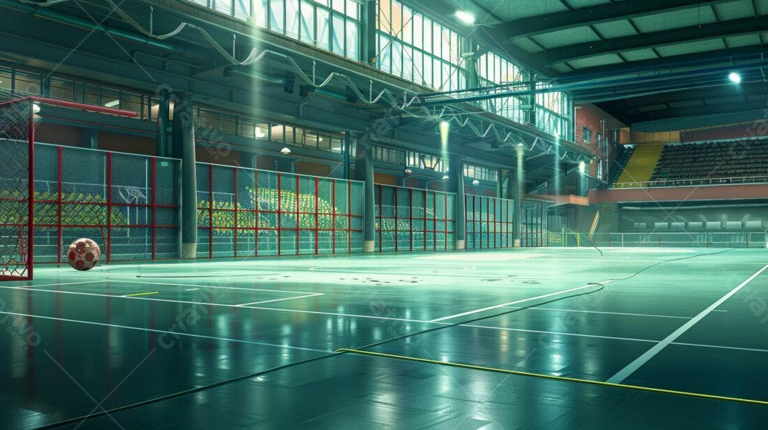 Bola de futebol em quadra indoor vazia