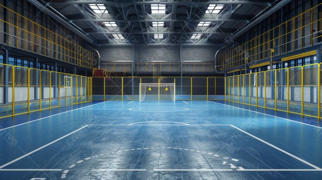 Quadra de futebol indoor moderna azul e amarela