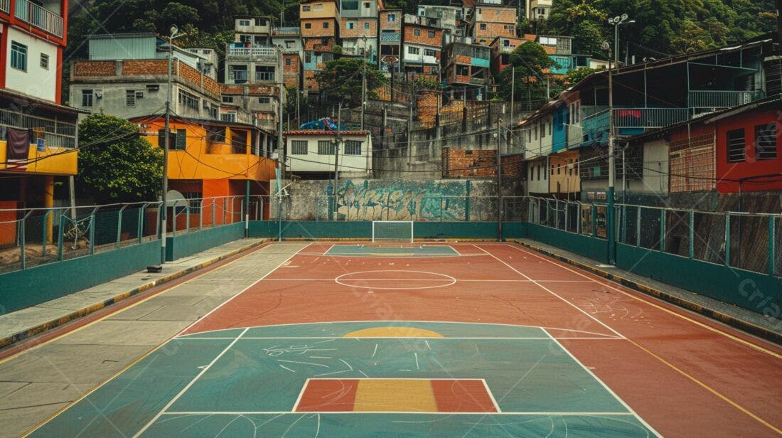 Quadra esportiva em favela brasileira cores vibrantes