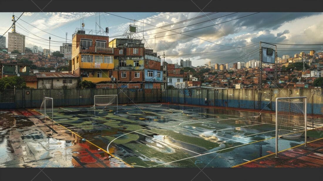 Campo de futebol favela sob céu nublado