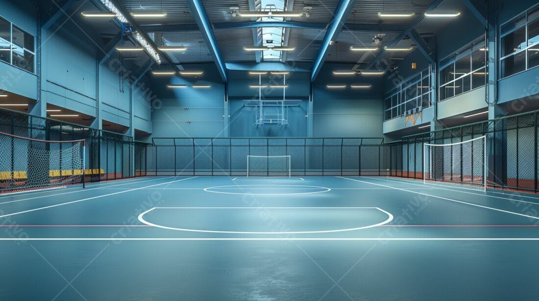Ginásio esportivo azul com quadra de futsal