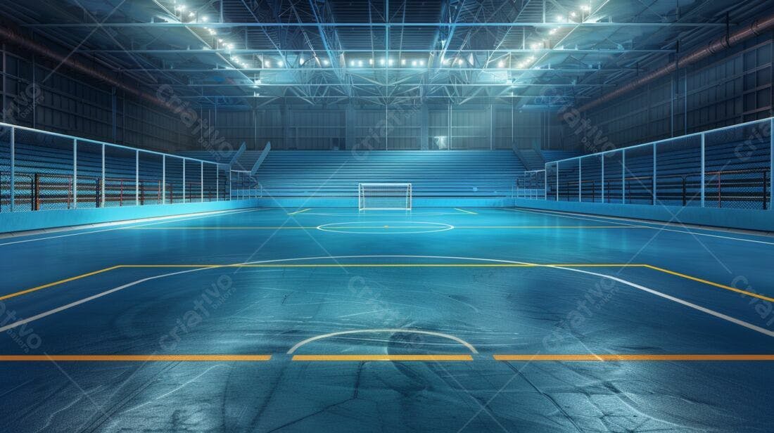 Quadra de futsal azul iluminada