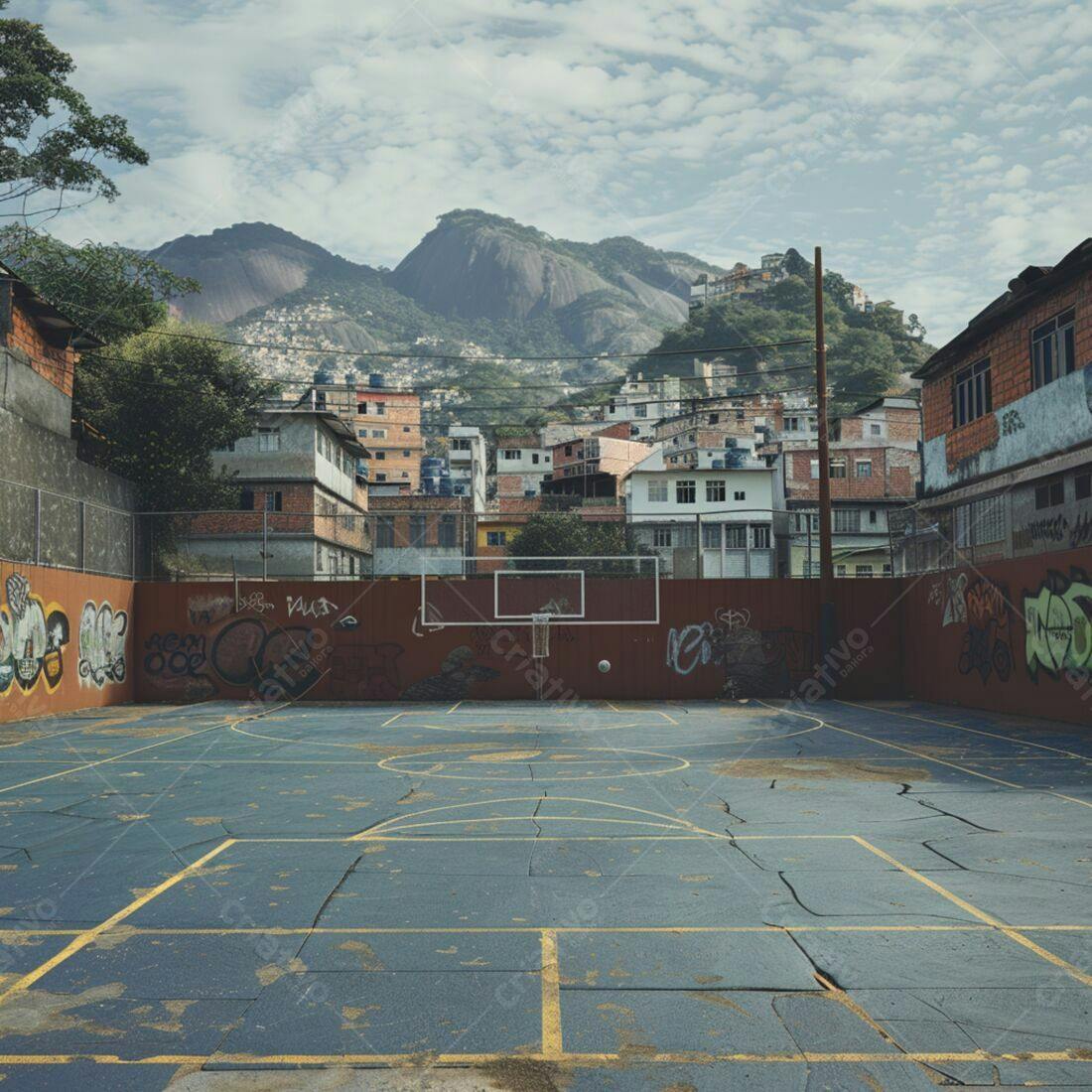 Quadra de basquete em comunidade com vista para morros