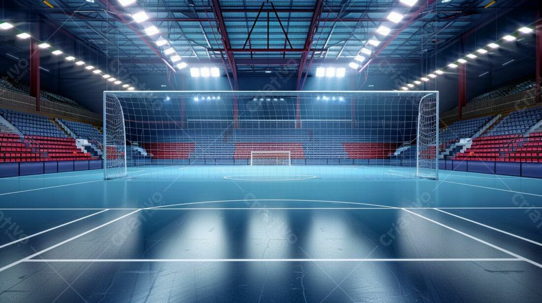 Quadra de futsal vazia iluminada à noite