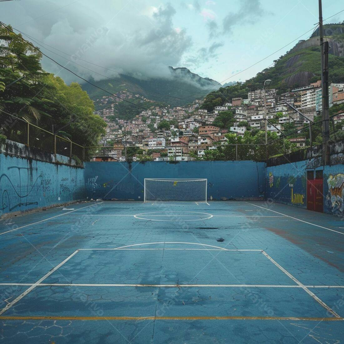 Campo de futebol azul em favela brasileira