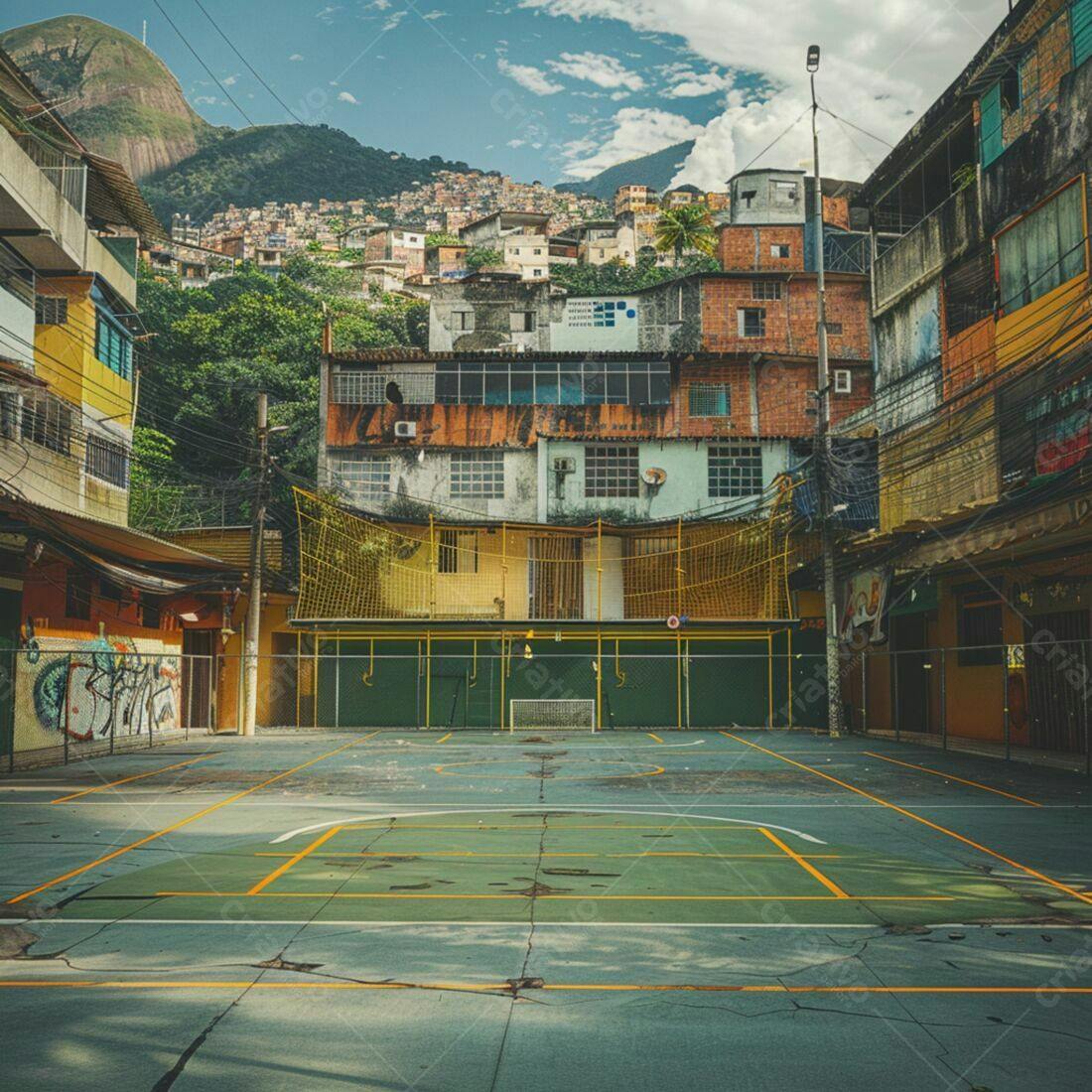 Quadra esportiva em favela brasileira