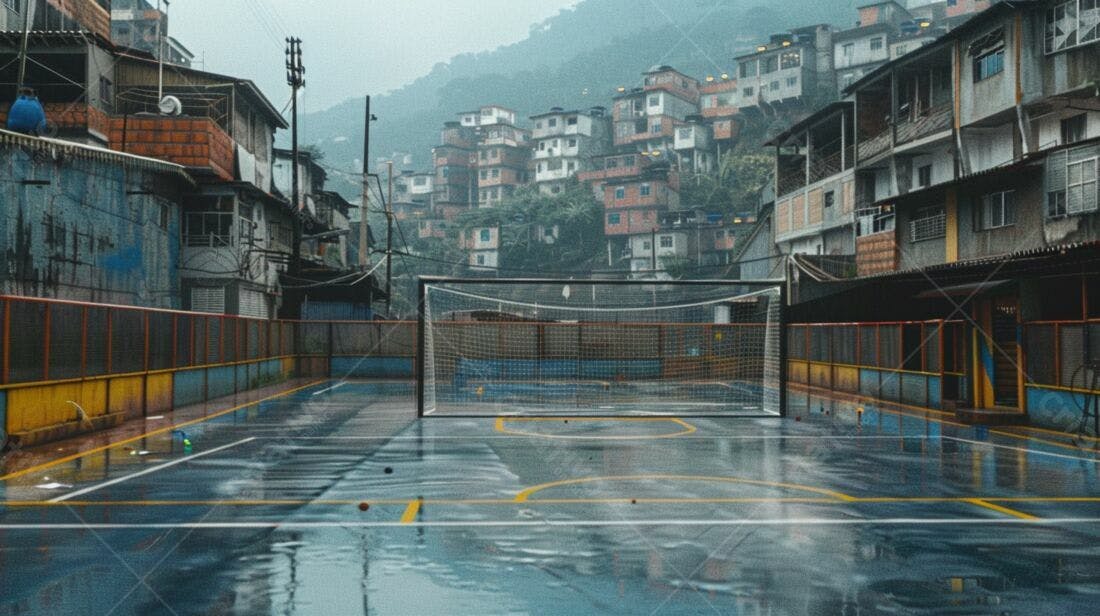 Campo de futebol sob chuva favela brasileira