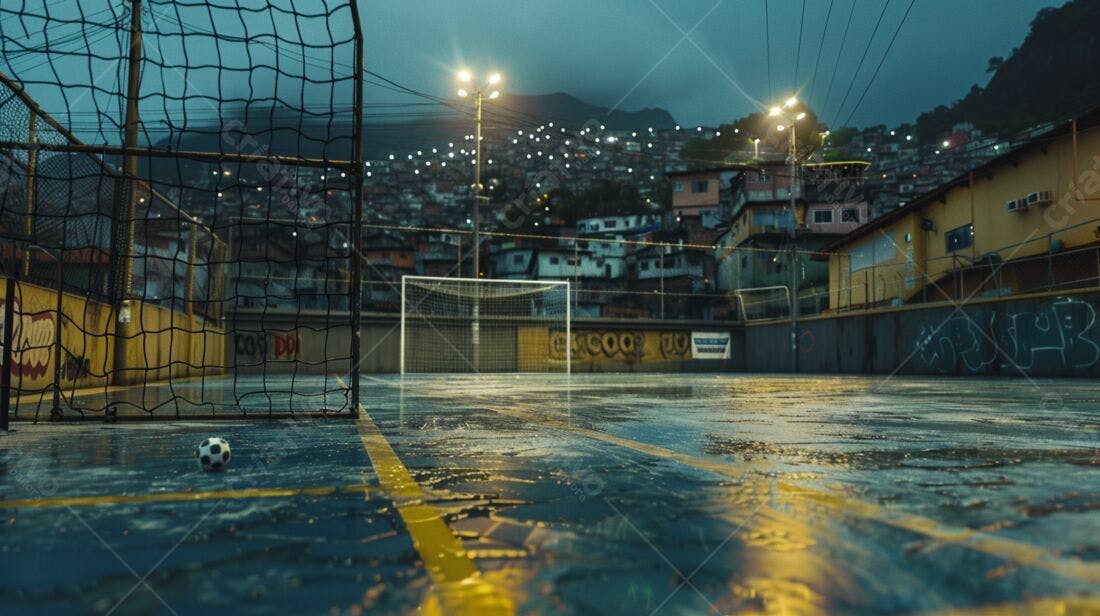 Bola de futebol em campo molhado favela noite