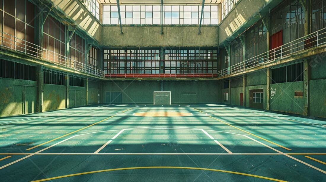 Quadra de futebol indoor antiga e iluminada