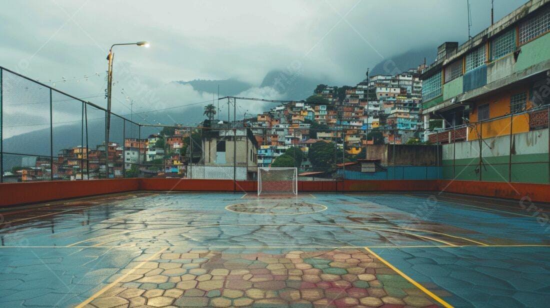 Campo de futebol molhado favela chuvoso