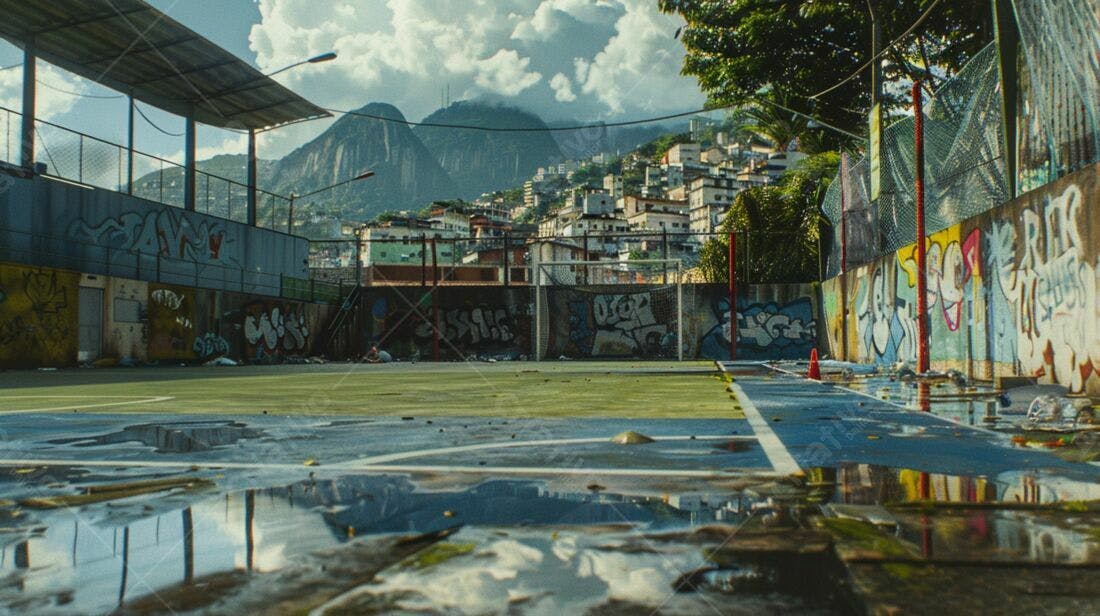 Campo de futebol com grafite em favela brasileira