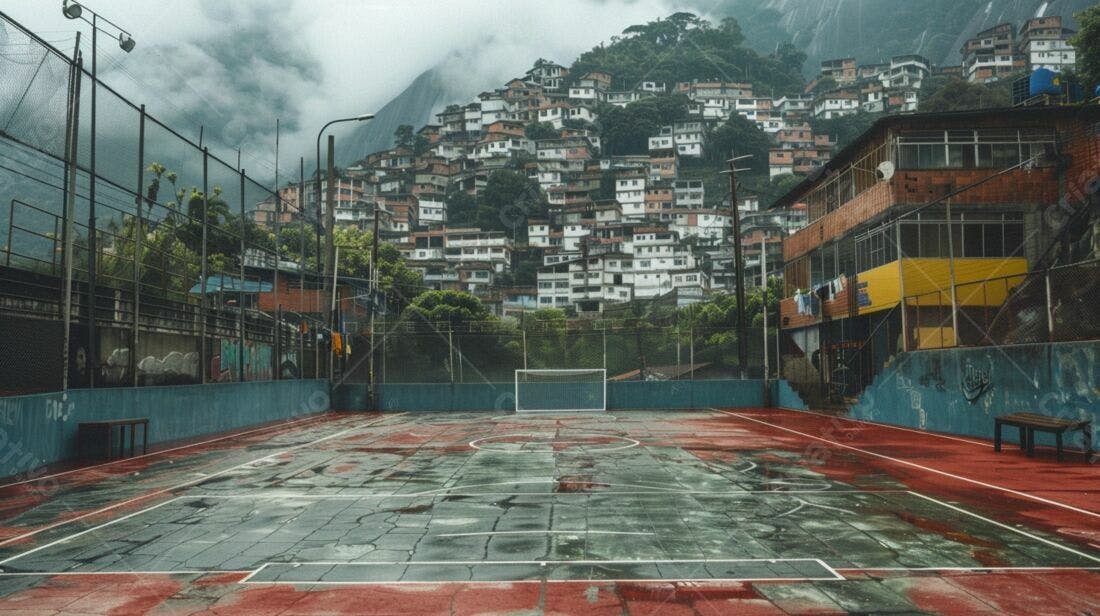Quadra de futebol em favela sob chuva