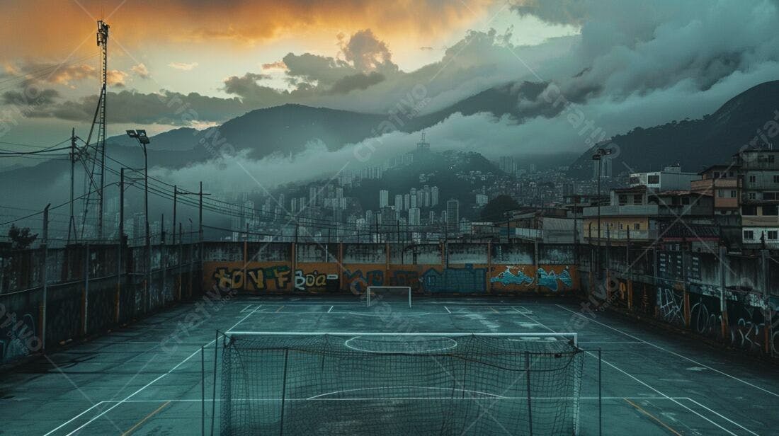 Campo de futebol urbano ao entardecer
