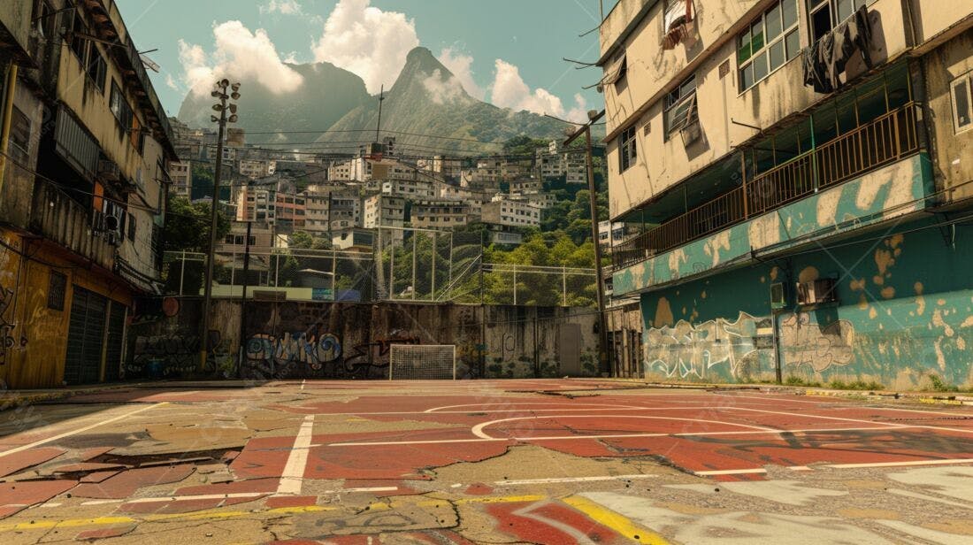 Quadra abandonada favela brasileira montanhas ao fundo