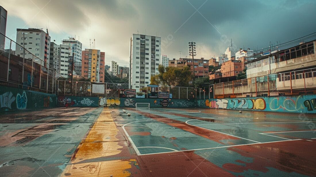 Quadra de esportes urbana após chuva