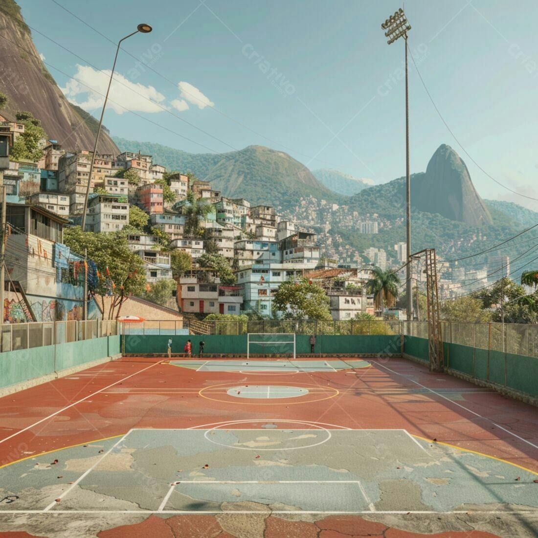Quadra esportiva em favela brasileira sob sol forte
