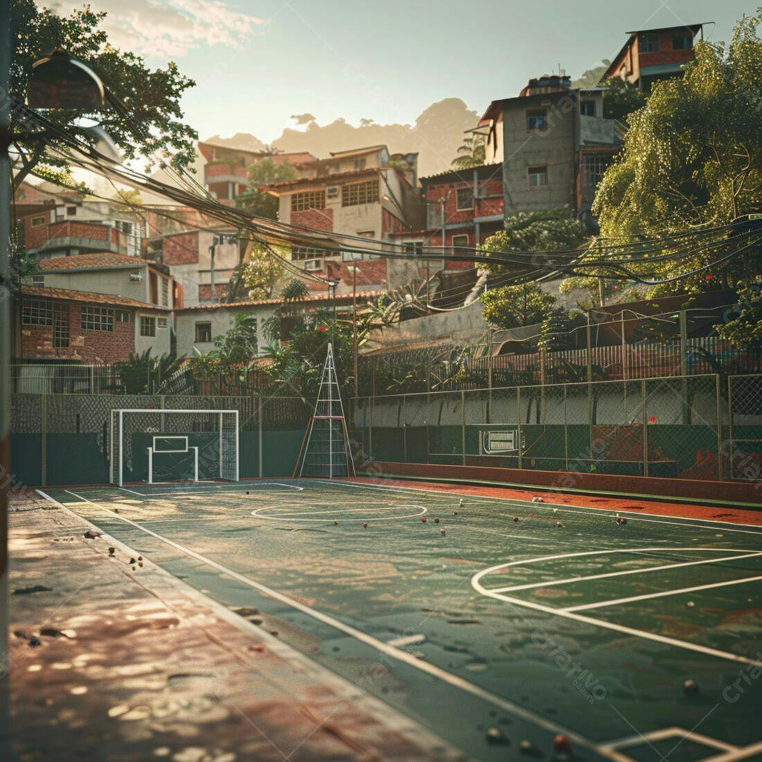 Quadra de futebol em favela ao amanhecer