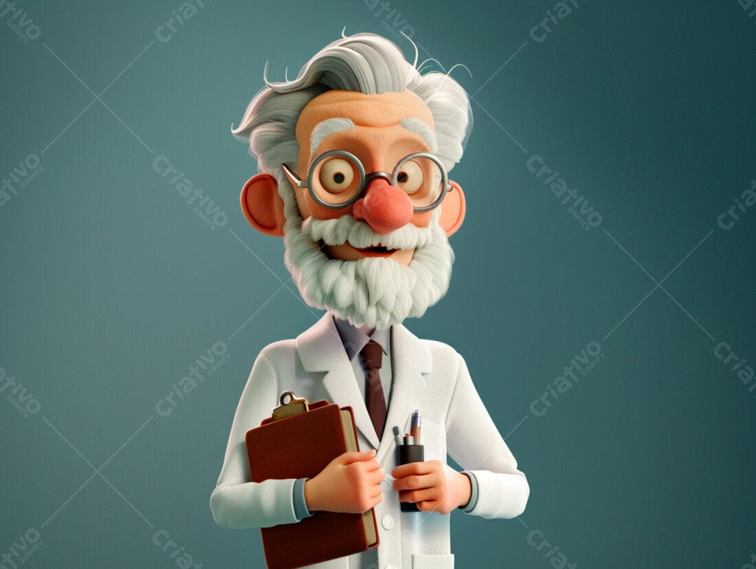 Cientista Cartoon Sorrindo com Prancheta
