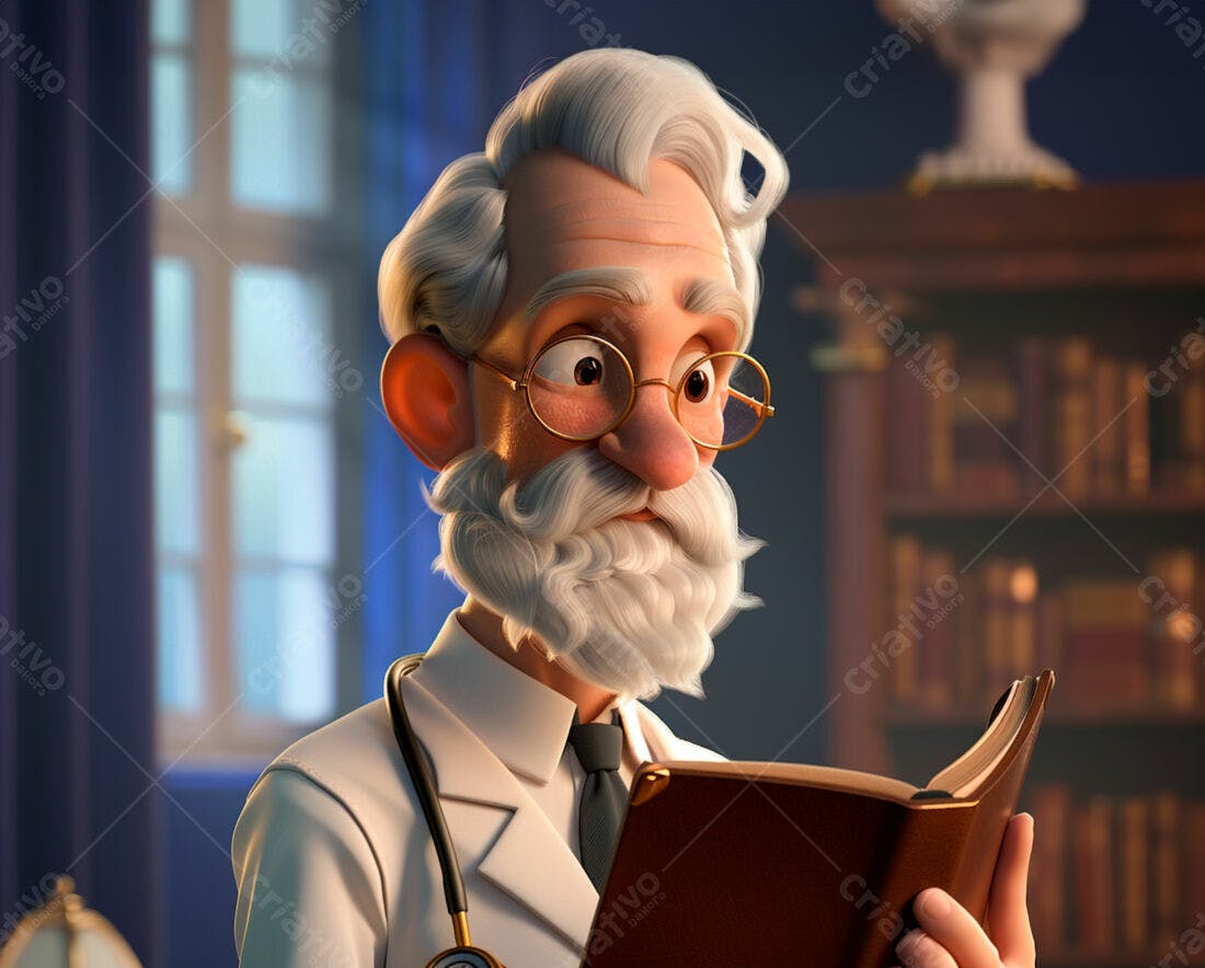 Médico Cartoon lendo livro em seu consultório