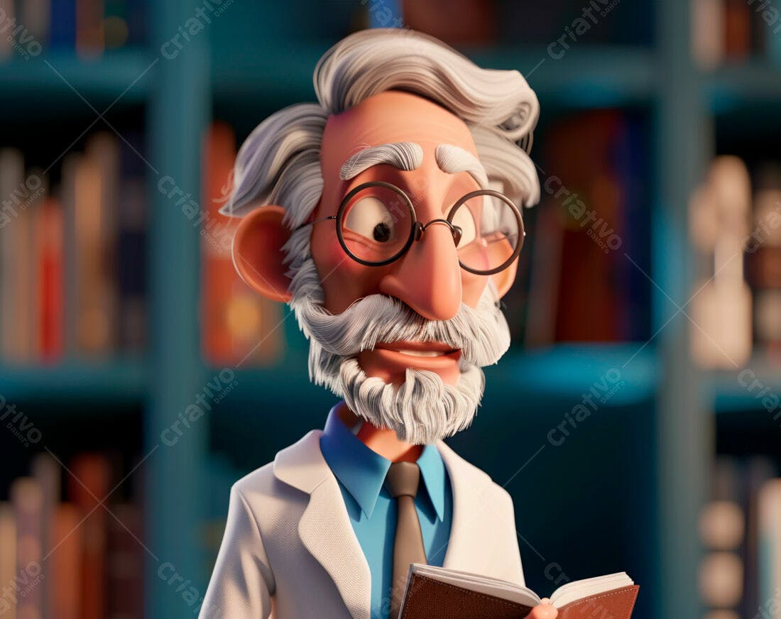 Professor animado lendo livro em biblioteca