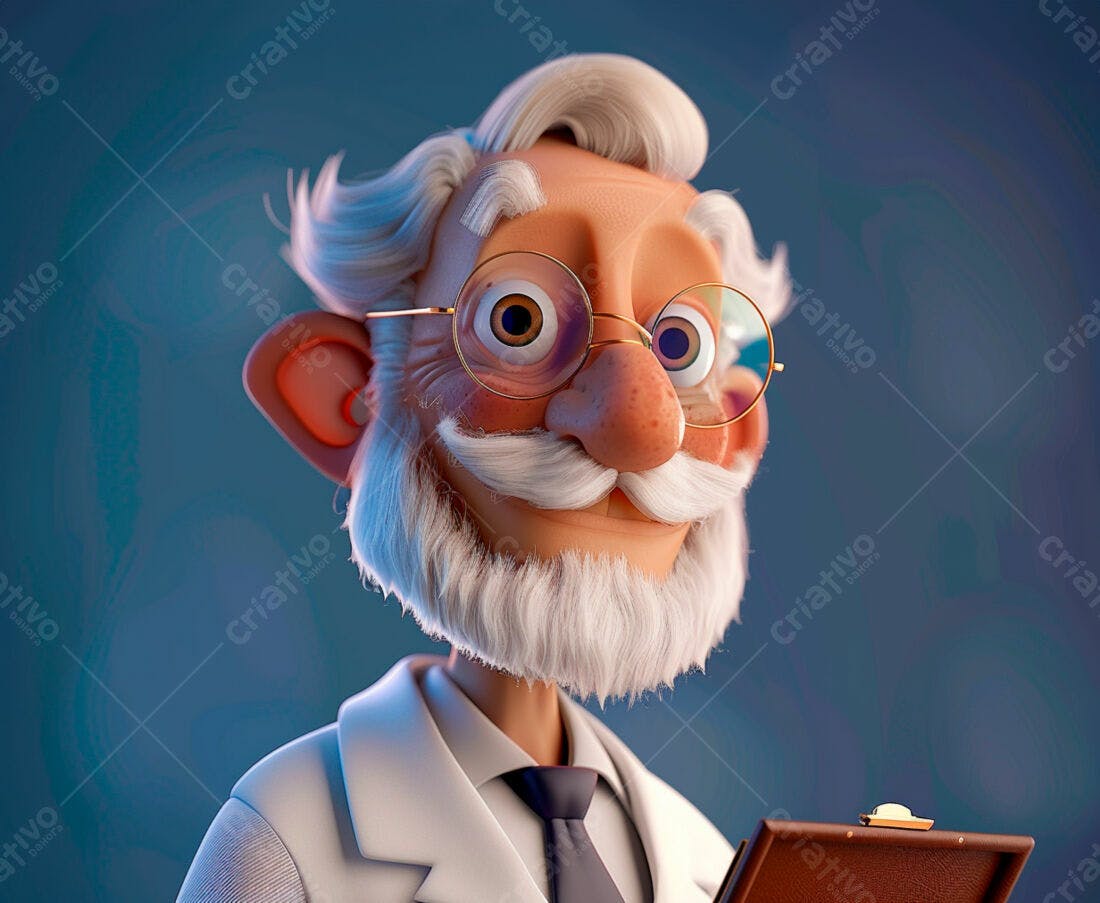 Professor animado com óculos e bigode segurando prancheta
