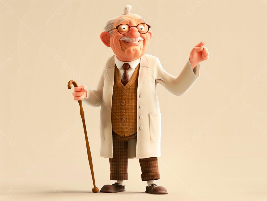 Ilustração de médico idoso sorridente com bengala