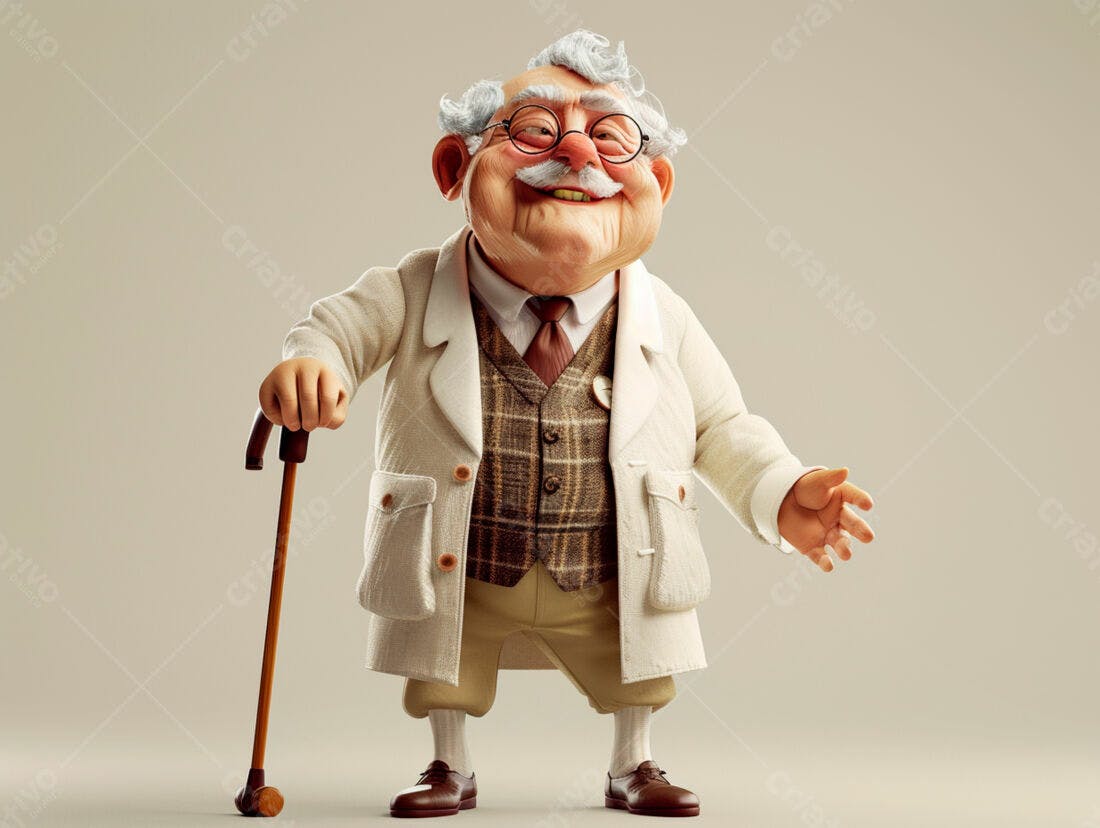 Senhor idoso alegre com bengala e casaco creme