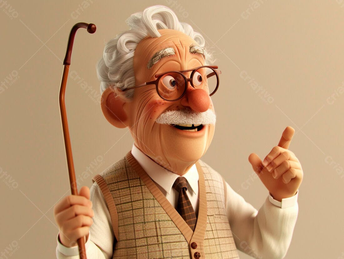 Personagem animado idoso com bengala