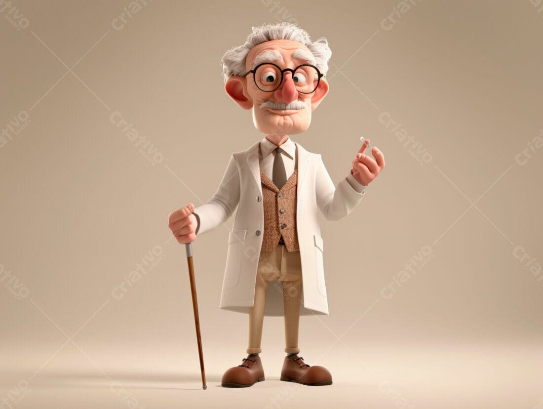 Cientista Cartoon segurando comprimido