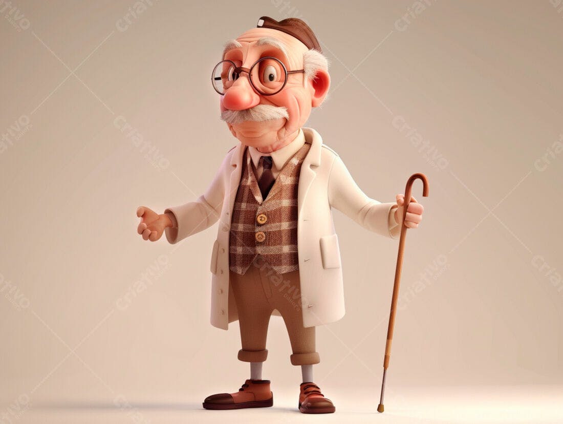 Personagem animado idoso com bengala