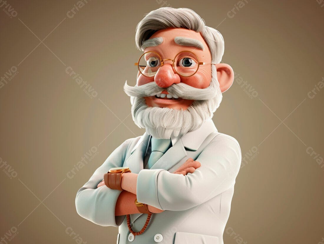 Médico Cartoon Sorrindo de Braços Cruzados
