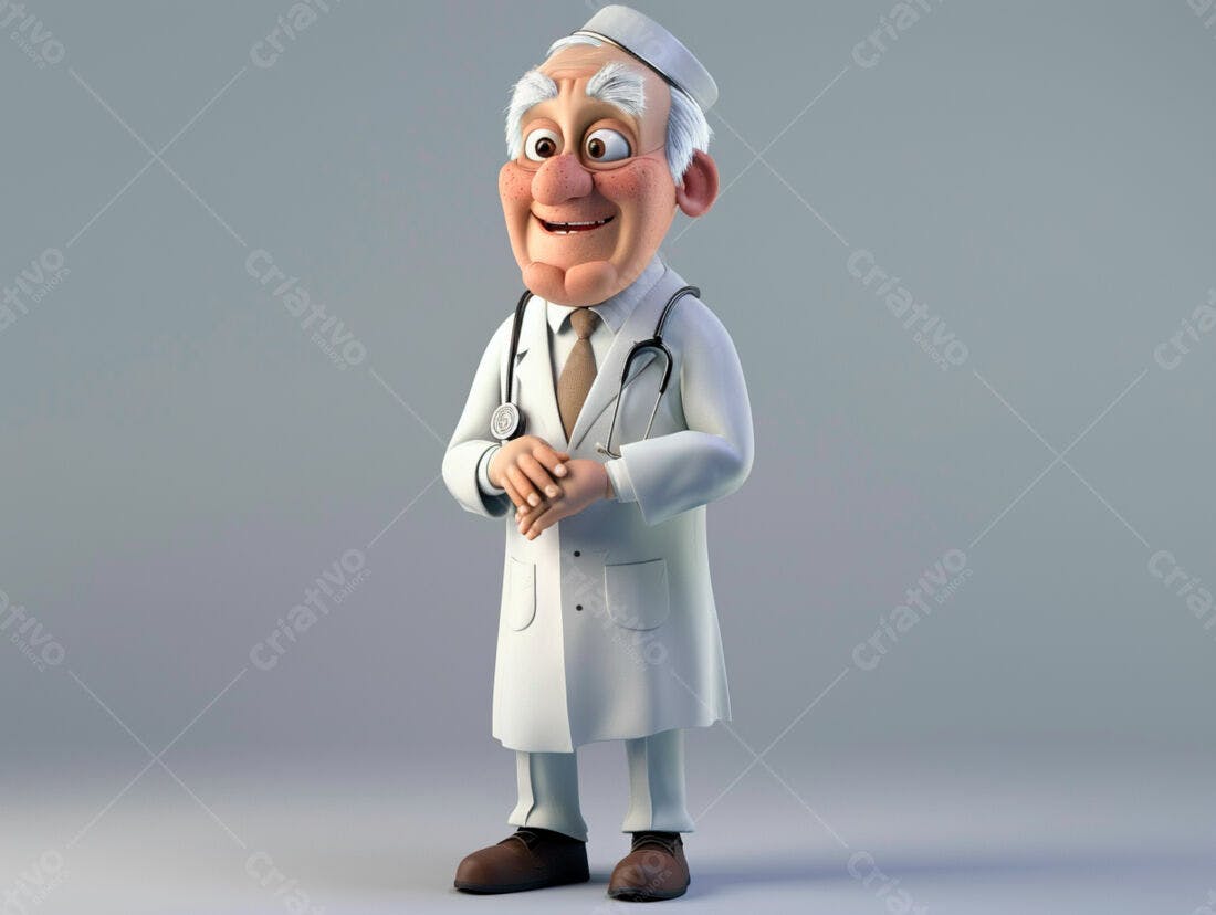 Médico animado sorridente em fundo cinza