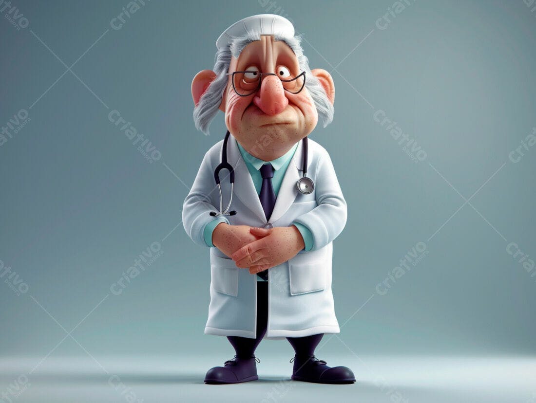 Médico Cartoon Pensativo em 3D