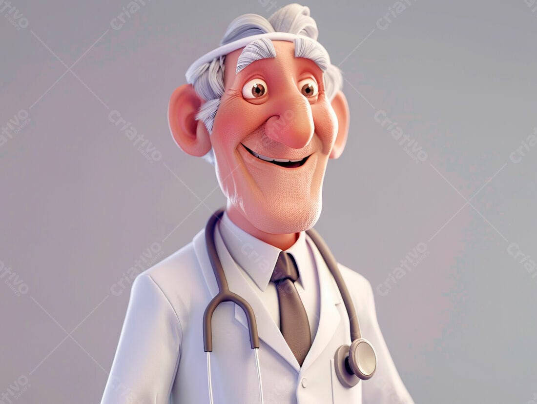 Médico Cartoon sorridente em fundo cinza