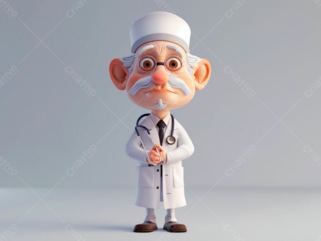 Médico Cartoon sorridente em fundo cinza
