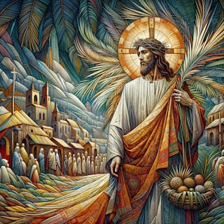 Concepção i.a de jesus cristo, no tema domingo de ramos, em uma vila, no conceito do expressionismo