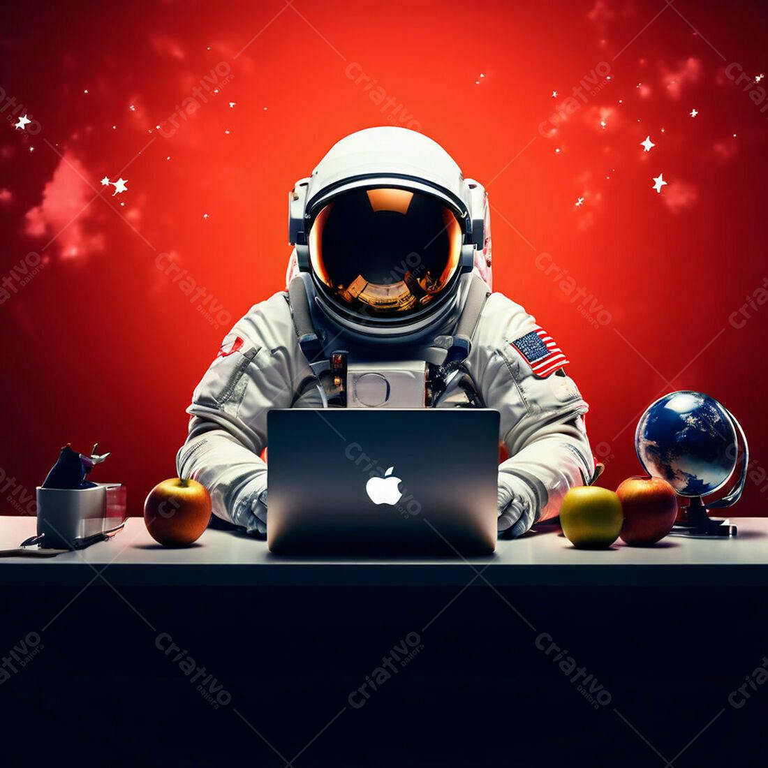 Astronauta trabalhando em laptop vermelho
