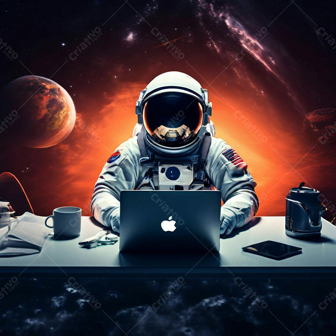 Astronauta trabalhando em laptop no espaço