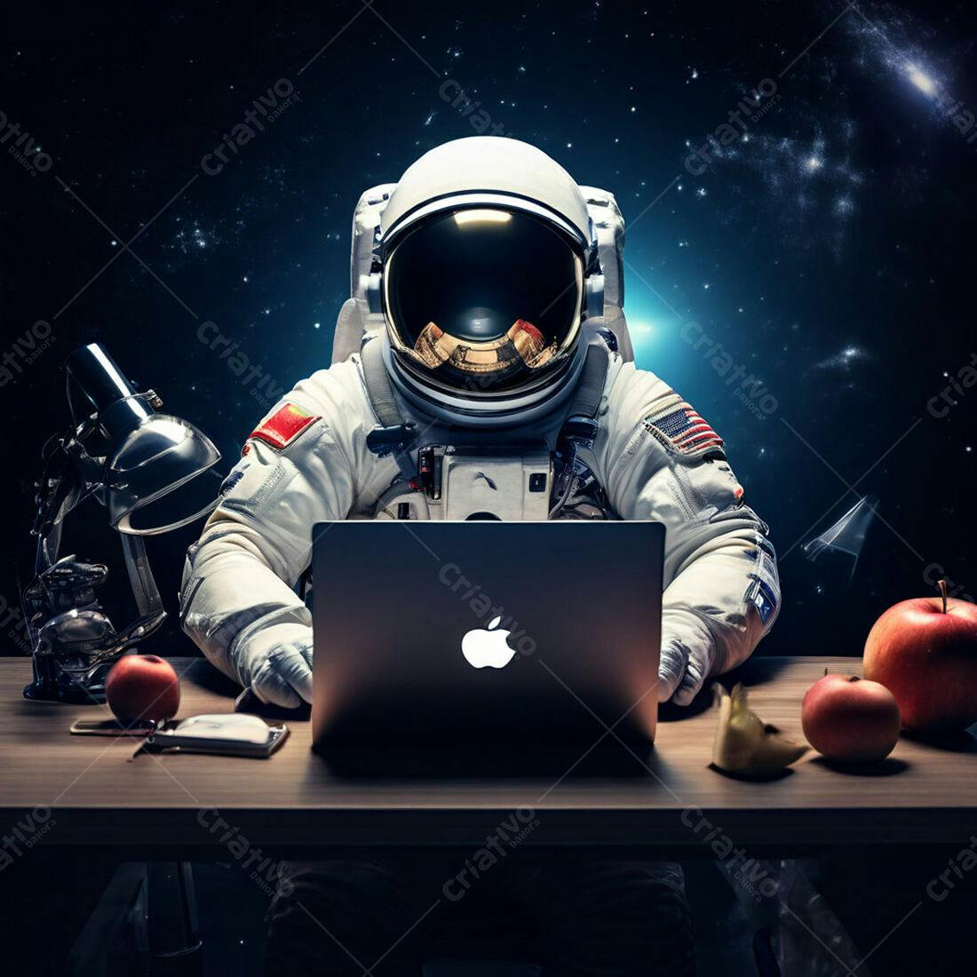 Astronauta trabalhando em laptop no espaço