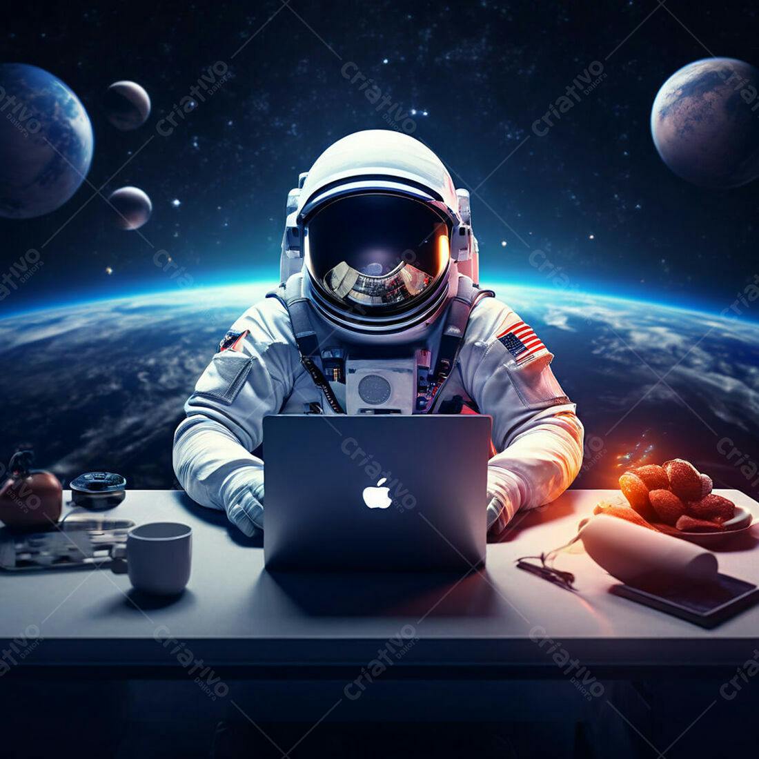 Astronauta trabalhando em laptop no espaço