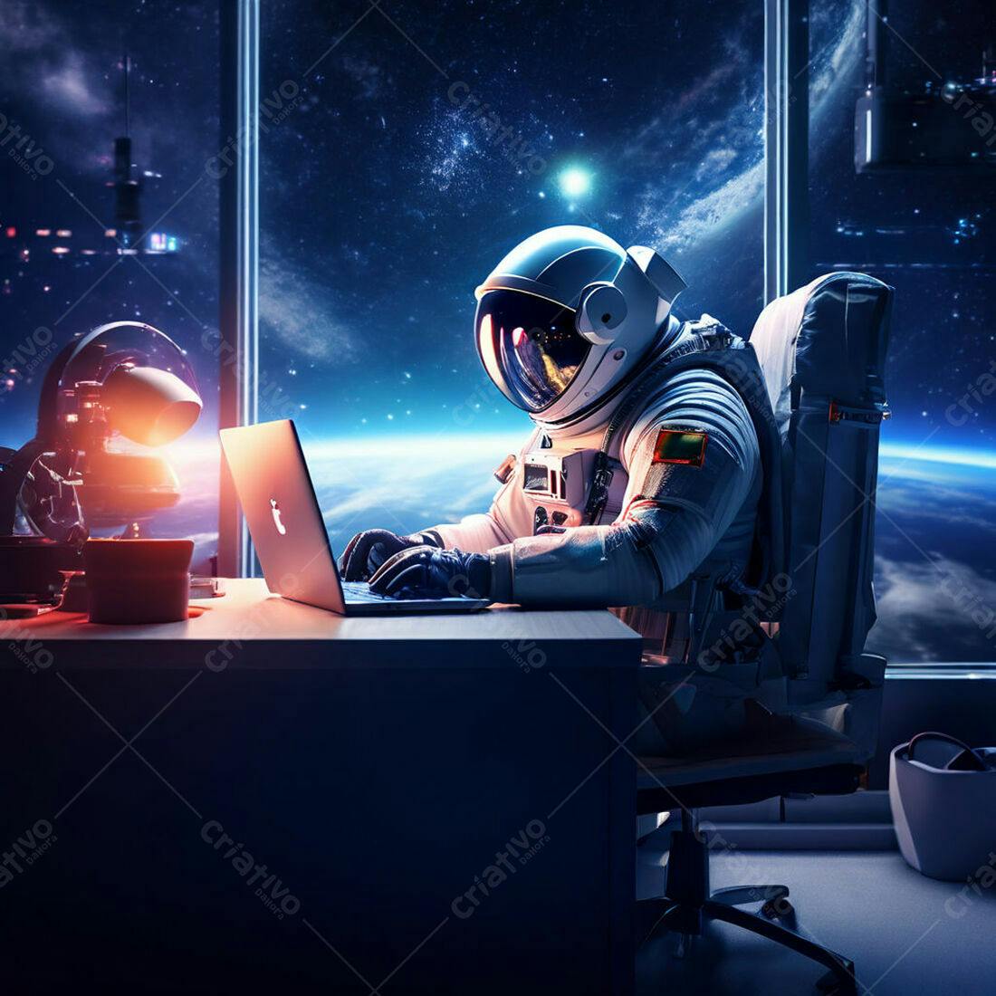 Astronauta trabalhando em laptop com vista espacial