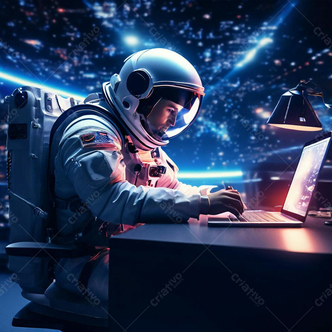 Astronauta trabalhando em laptop no espaço